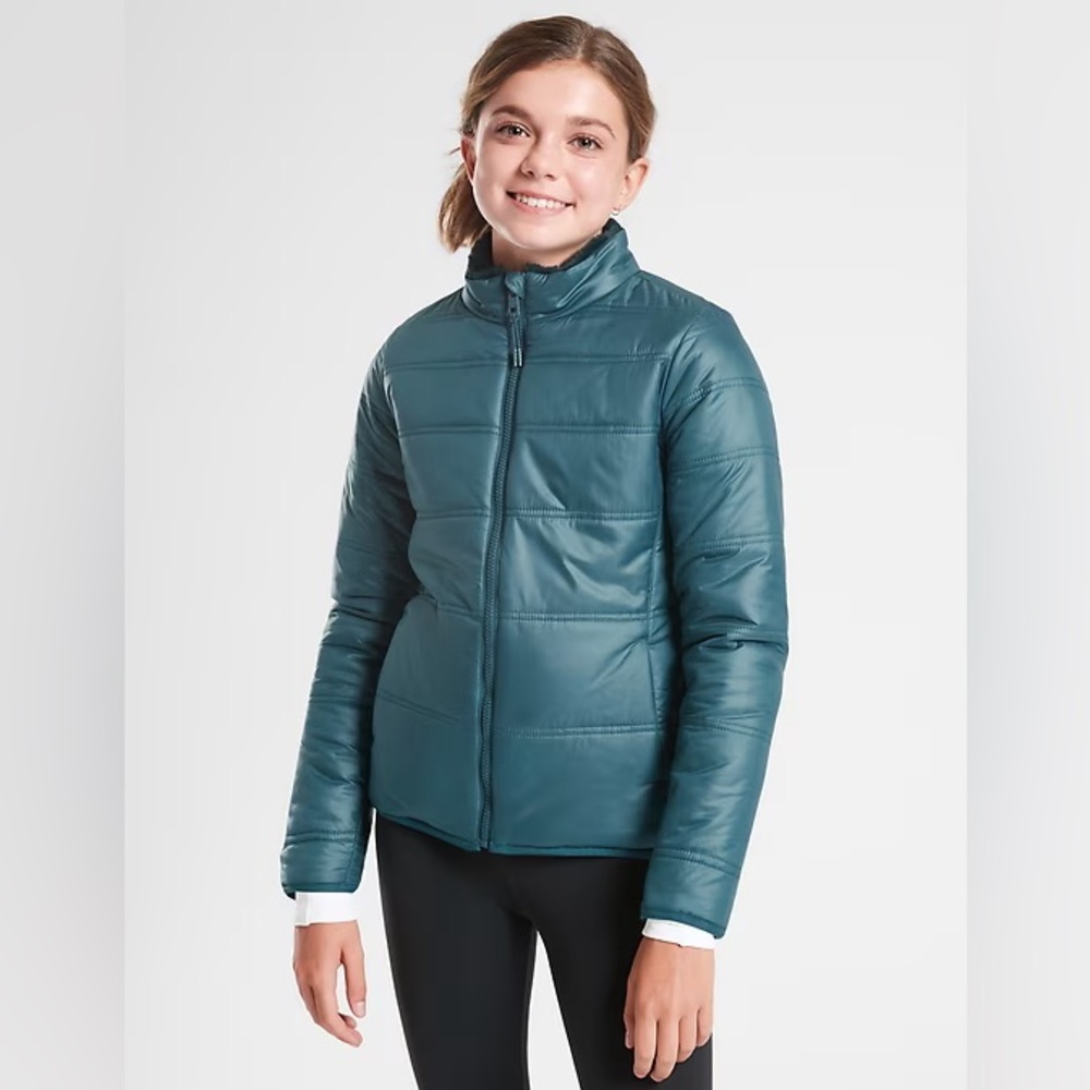Athleta Girl Reversible Warm + Fuzzy Jacket in Dark Vista Teal Blue